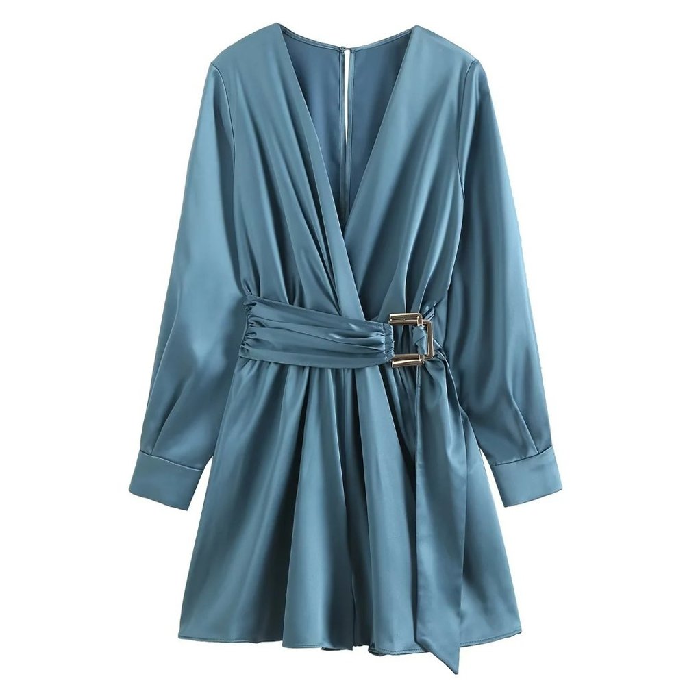 V-neck buckle-trimmed satin jumpsuit